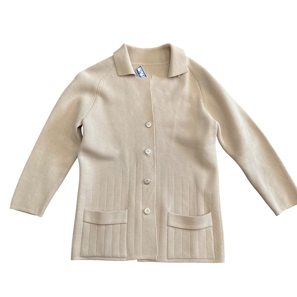 Vintage Leroy Knitwear Womens Beige 100% Wool Ribbed Button Cardigan Sweater M
